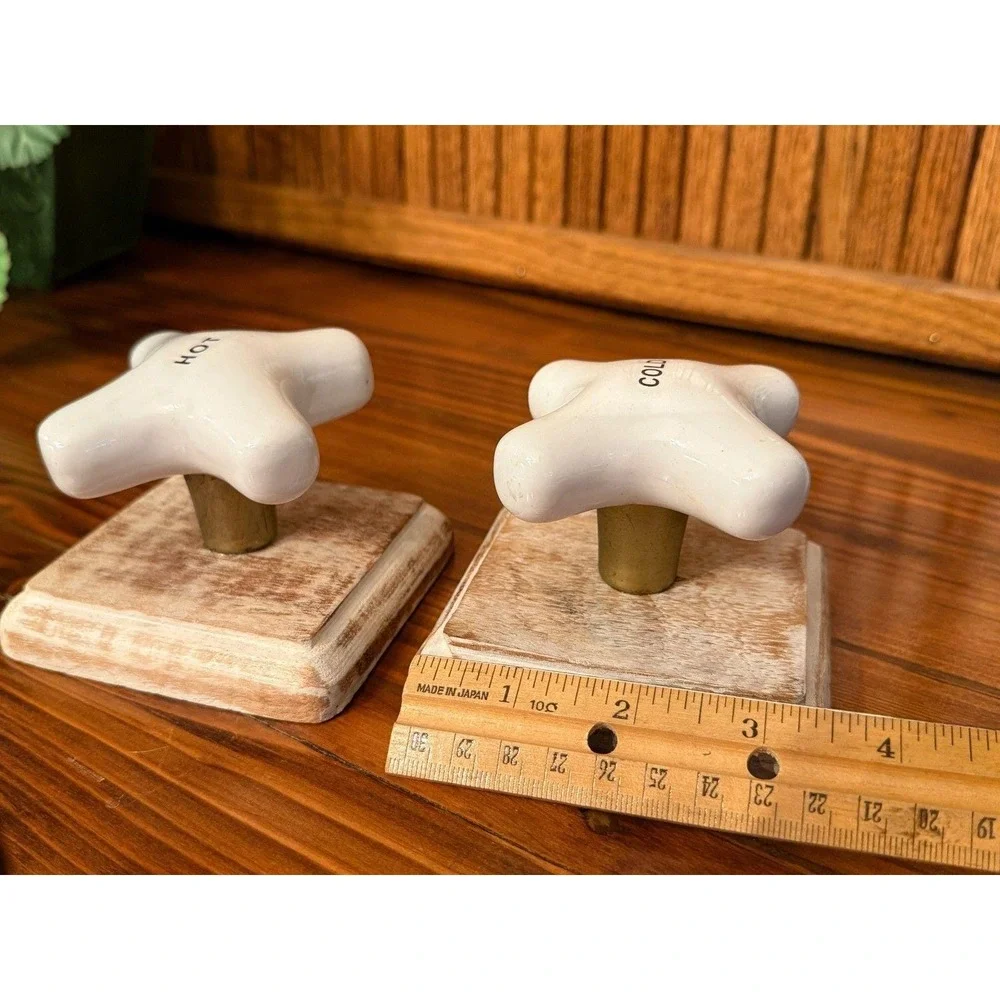 Hot Cold Faucet Knob Wall Hooks Set Rustic Farmhouse Wood Ceramic Bathroom